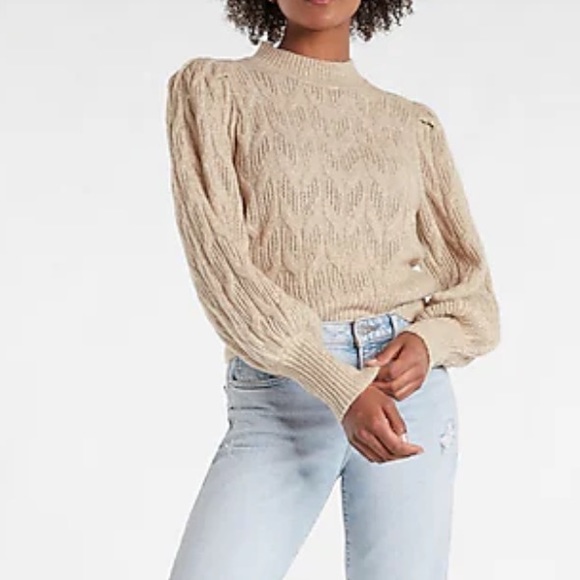 Metallic gold open stitch balloon sleeves mock neck sweater - Picture 3 of 11